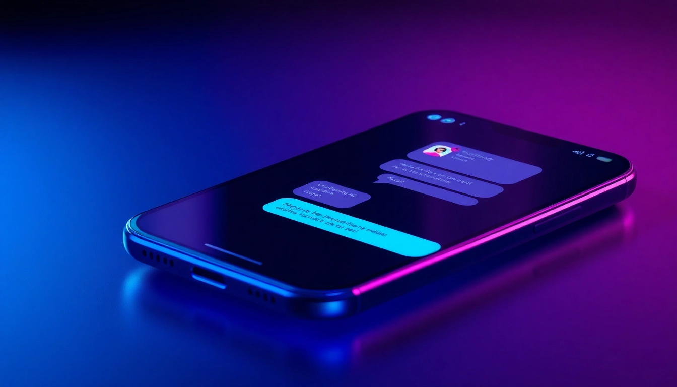 Futuristic smartphone displaying a chat interface with an AI character, glowing with neon accents.