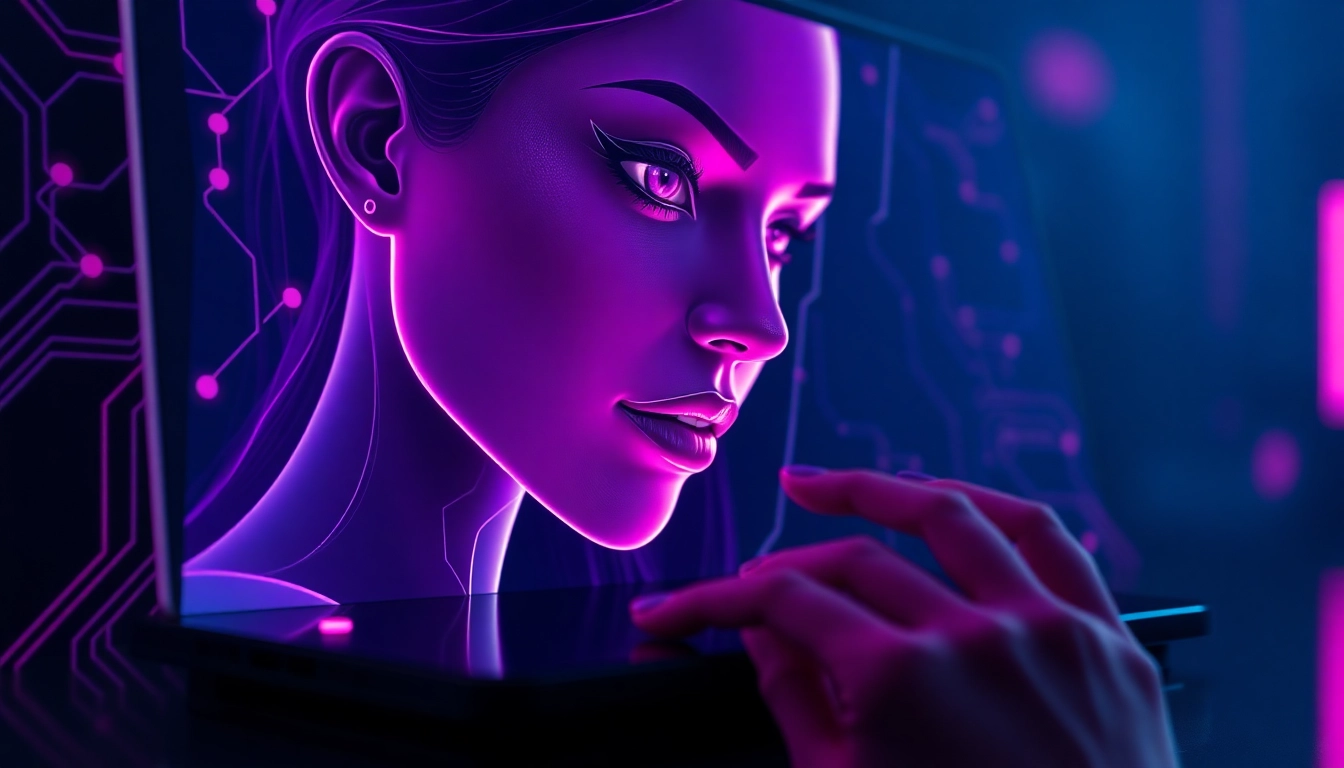Futuristic holographic female avatar on a neon-lit AI chatbot interface