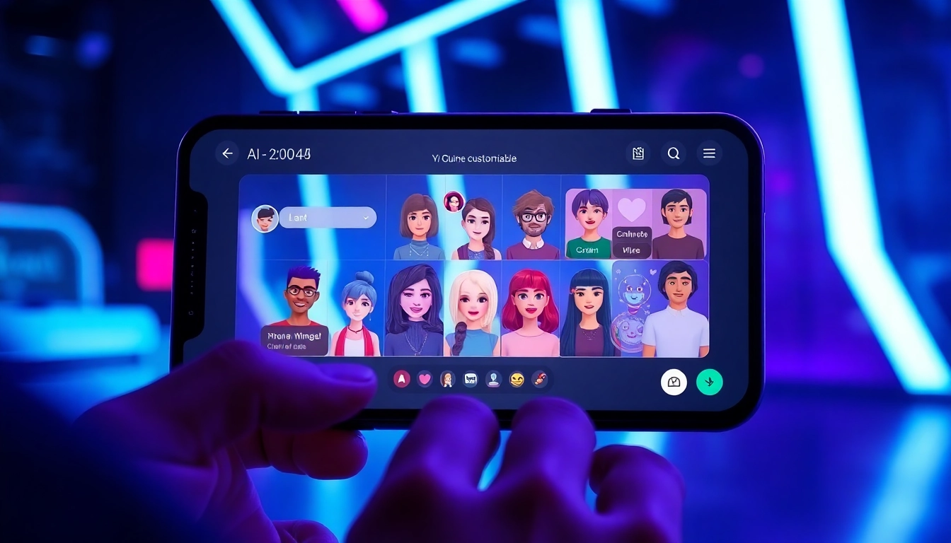 Futuristic chat interface with customizable AI characters in a neon-lit digital environment.
