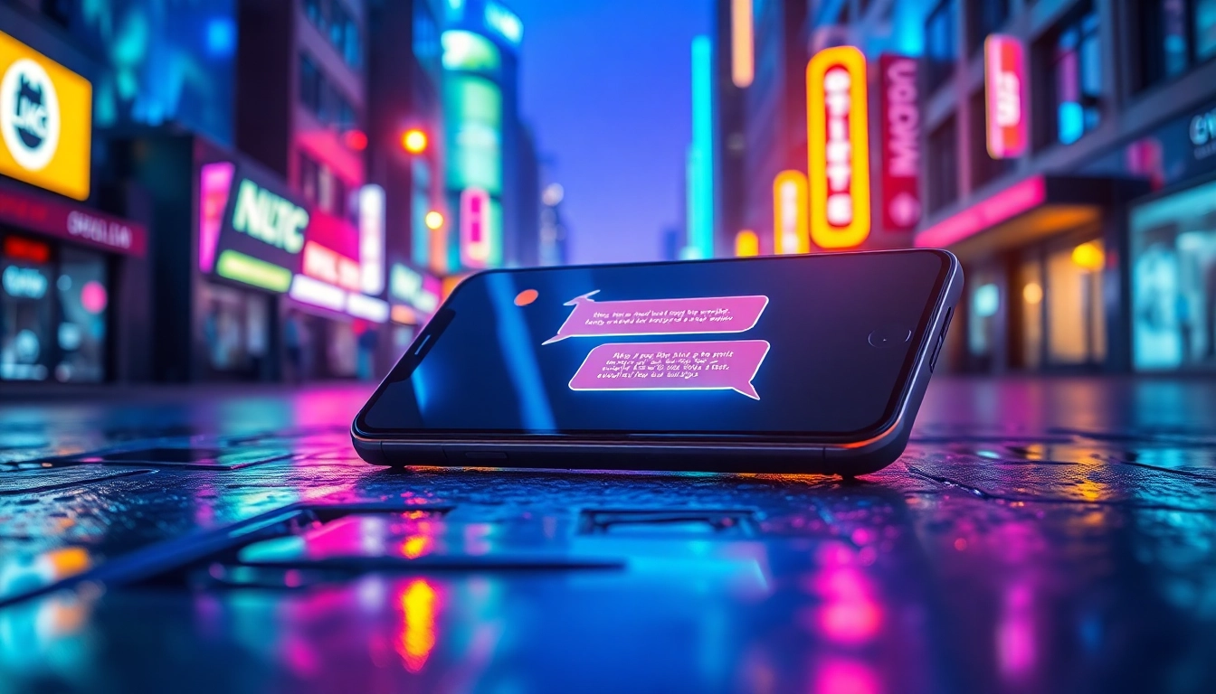 Futuristic smartphone displaying an AI chat interface against neon-lit cityscape at night.