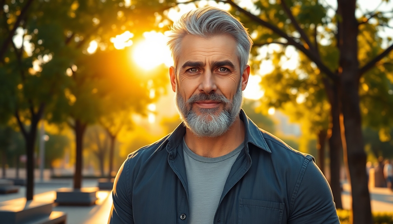 A confident older man with a beard standing in a park during golden hour, showcasing his attractiveness and charm.