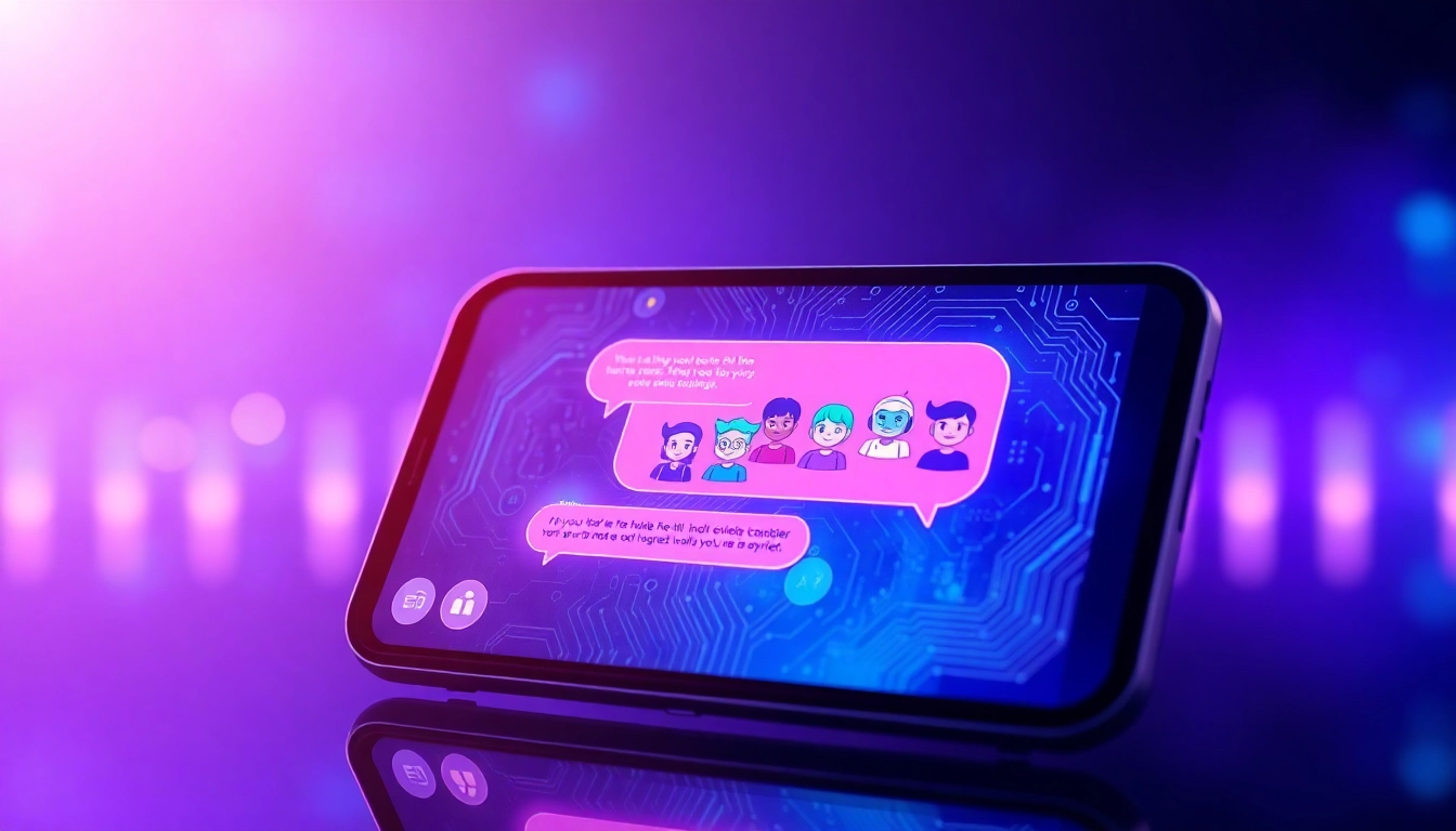 Futuristic digital scene of AI chatbot interface on device screen with colorful conversation bubbles and glowing effects.