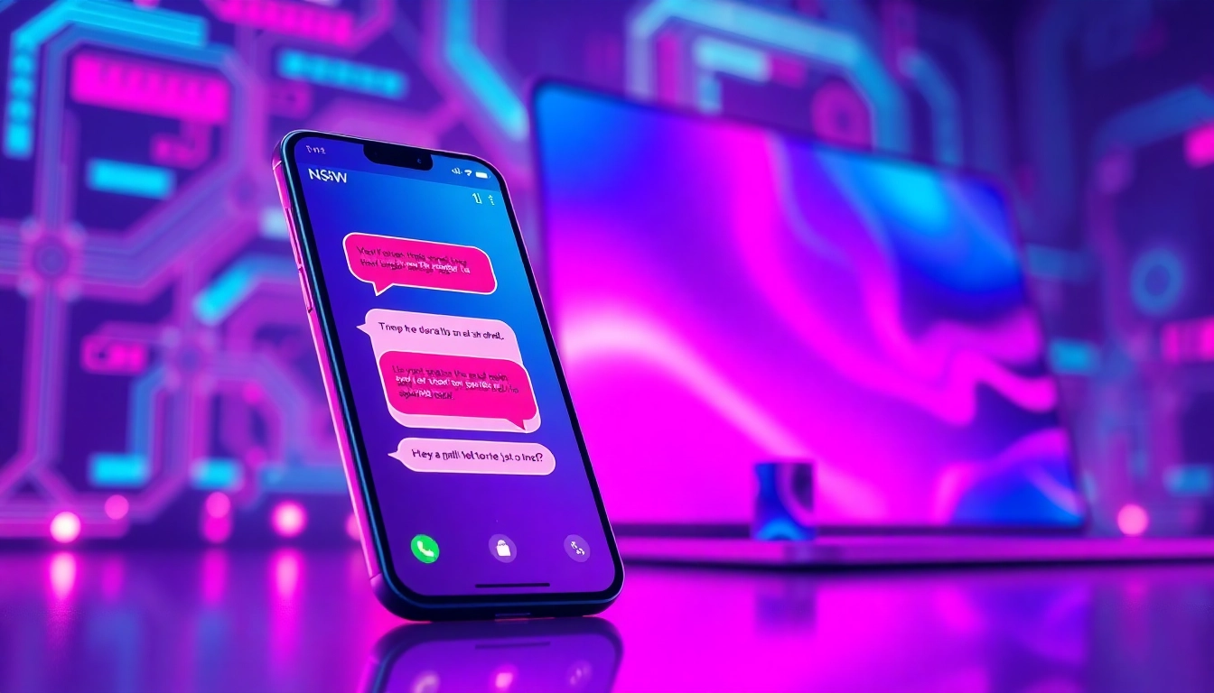Modern smartphone and desktop screens displaying provocative AI chat interfaces with vibrant neon colors.