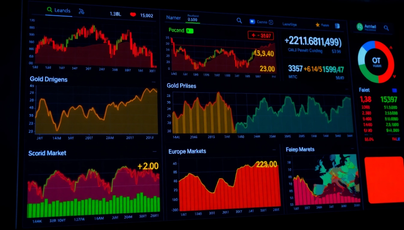 Stock Market Updates featuring fluctuating graphs, soaring gold prices, and European market